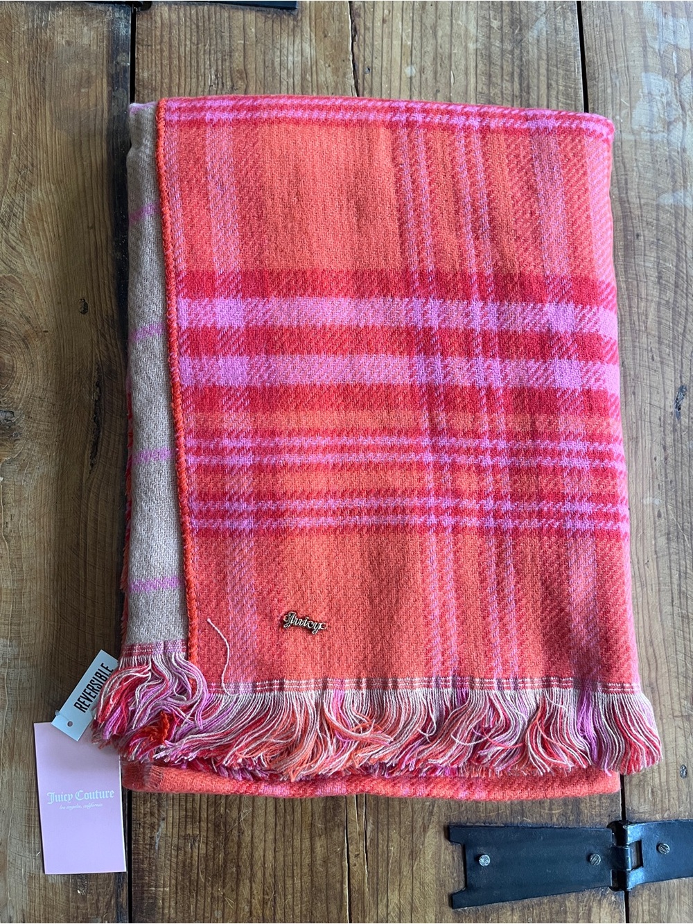 Juicy Couture Pink & Orange Fringe Plaid Ruana Wrap